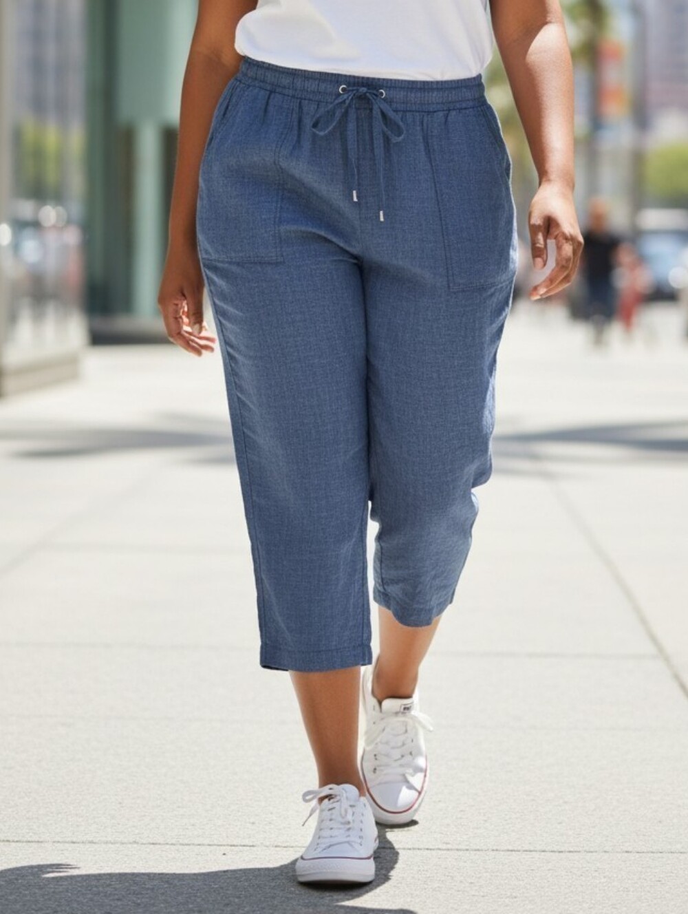 Croft & Barrow Cropped Blue Chambray Pull-On Casual Elastic Pants PXL